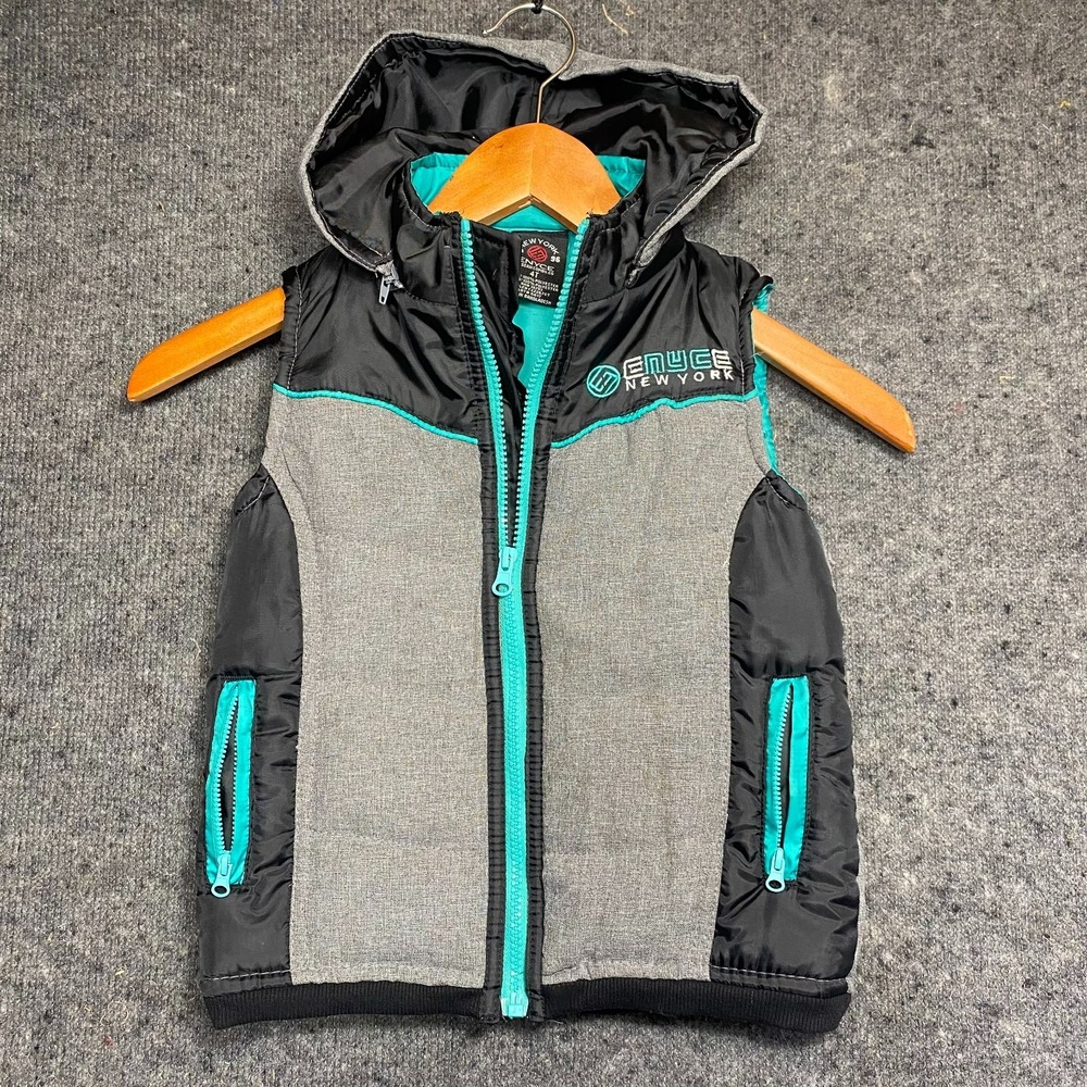 ENYCE Puffer‎ Vest Boys 4T Gray Black Teal Hooded Zip Up Winter Jacket EZ2267CT